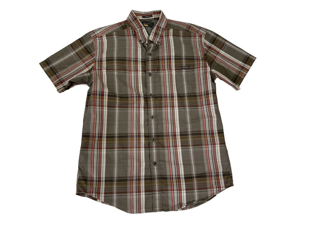 Eddie Bauer Travex Shirt Mens M Brown Plaid Button Front Outdoor Travel